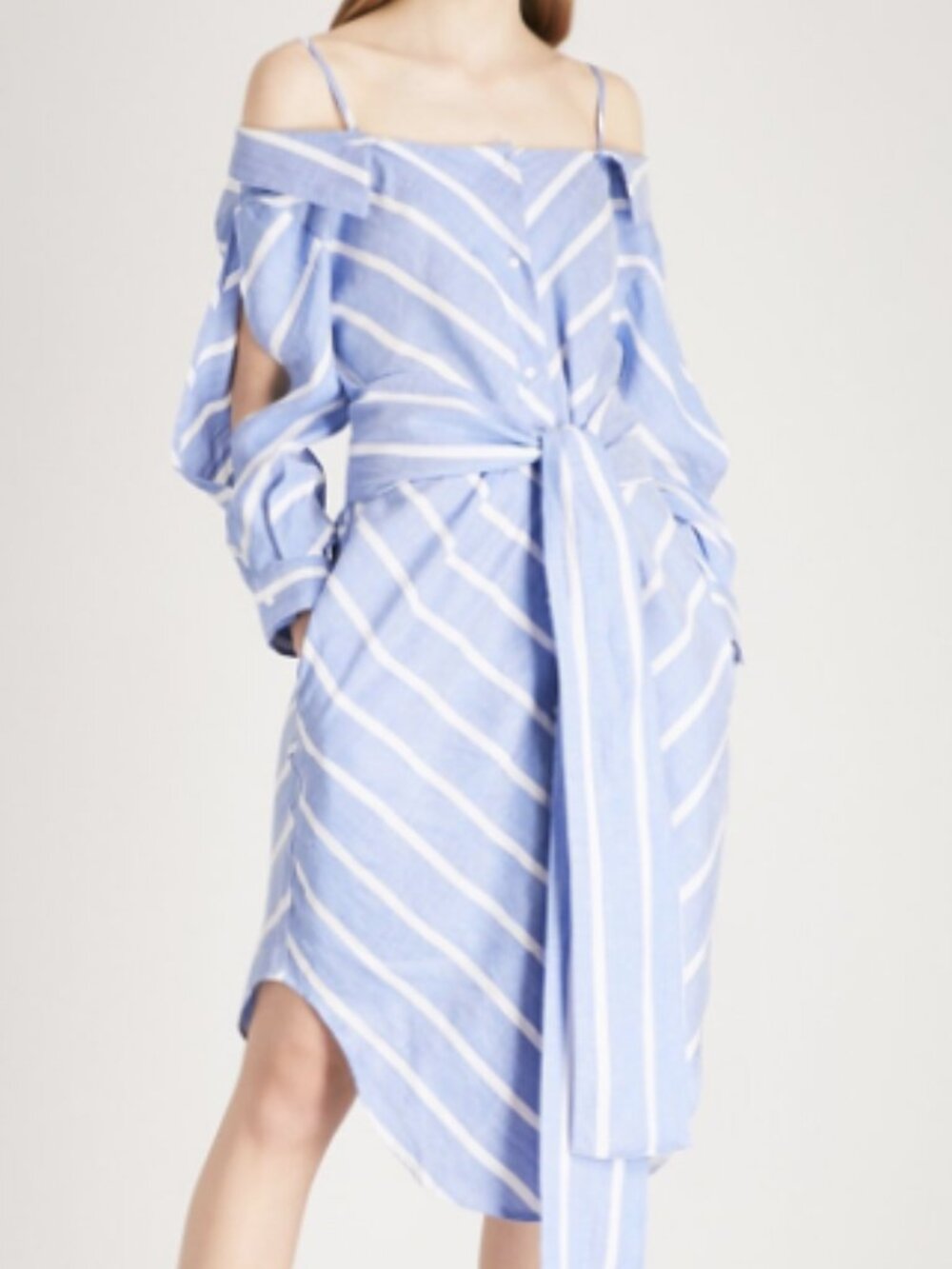 Maje Rulylle Blue White Stripe Off Shoulder Tie Waist Shirt Dress 2/M